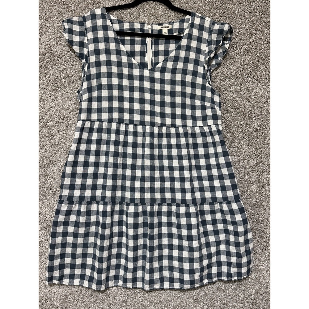 Goodthreads Gingham Tiered Dress Size L Blue White Linen Cotton Ruffled Cottage - Picture 2 of 8